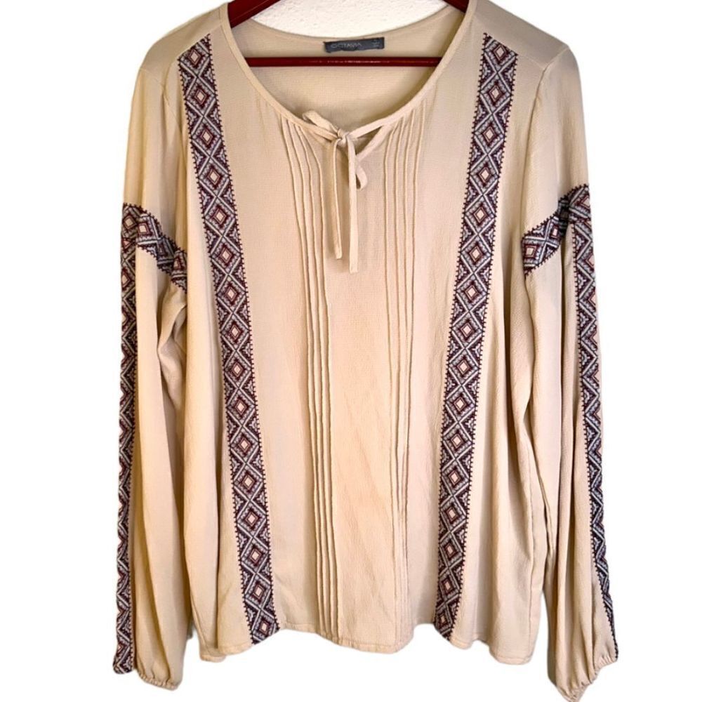 Octavia Womens MaternityXL Beige Crepe Multicolored Boho Embroidered Peasant Top